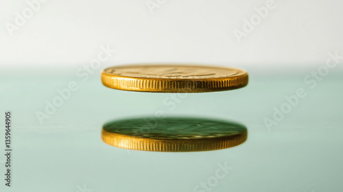 Golden coin hovering above its reflection on a smooth surface.