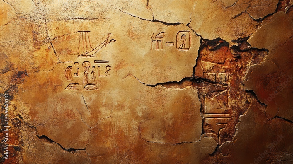 Obraz premium Ancient Hieroglyphs: Close-up of weathered, cracked stone surface revealing ancient hieroglyphs. The symbols are deeply etched, providing a glimpse into a forgotten language and civilization.