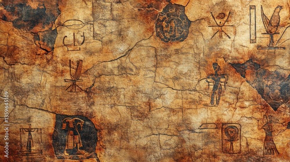 Fototapeta premium Ancient Map of Symbols: A captivating glimpse into the past, an aged parchment map showcases intricate symbols, inviting exploration and igniting curiosity. Reveals a story of bygone eras.