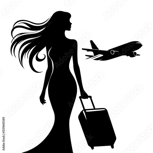 The girl with the luggage for the flight. Black and white silhouette. Vector graphics. EPS.