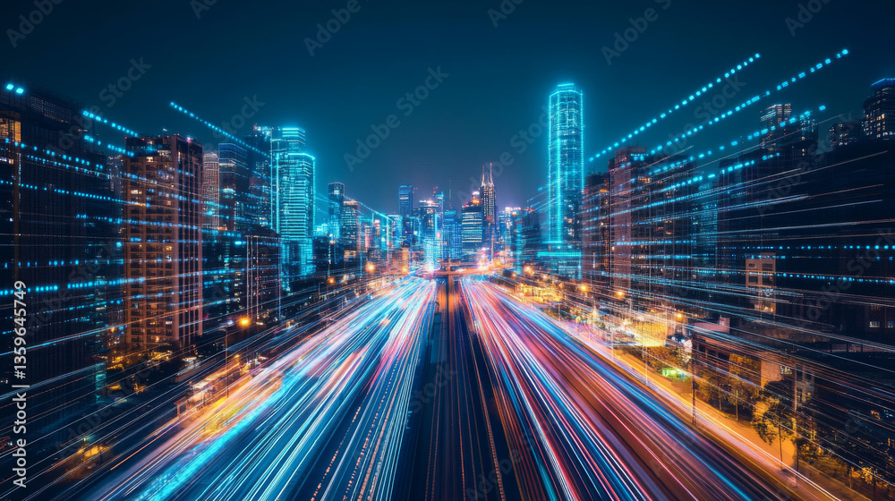 Obraz premium A smart city transformation concept visualized with digital light trails over an urban skyline at night, representing the impact of 5G technology and fiber optics
