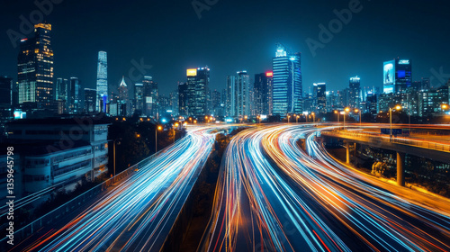 A smart city transformation concept visualized with digital light trails over an urban skyline at night, representing the impact of 5G technology and fiber optics