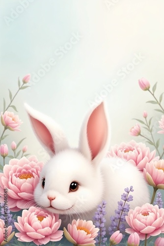 Cute white bunny resting among colorful flowers in a serene, pastel setting during springtime