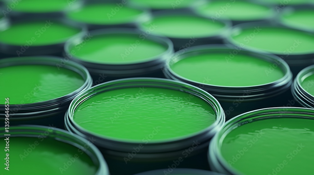 A close-up view of multiple paint cans filled with vibrant green paint, showcasing their glossy surfaces and consistent color. A close-up view of multiple paint cans filled with vibrant green paint, showcasing their glossy surfaces and consistent color.