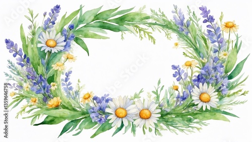 Colorful floral wreath with daisies and purple flowers surrounded by green foliage in a bright setting
