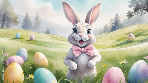 Cute bunny celebrates Easter surrounded by colorful eggs in a sunny meadow with gentle hills and trees in the background