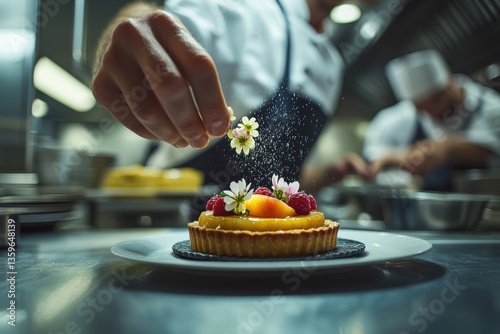 Fototapeta Naklejka Na Ścianę i Meble -  Close-up of a chef delicately sprinkling powdered sugar and edible flowers on a peach and raspberry tart in a bustling restaurant kitchen environment.