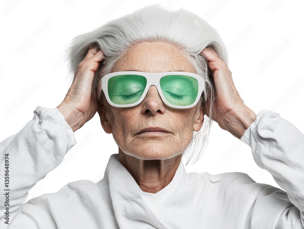 Senior woman in sunglasses with hands on head Senior woman in sunglasses with hands on head