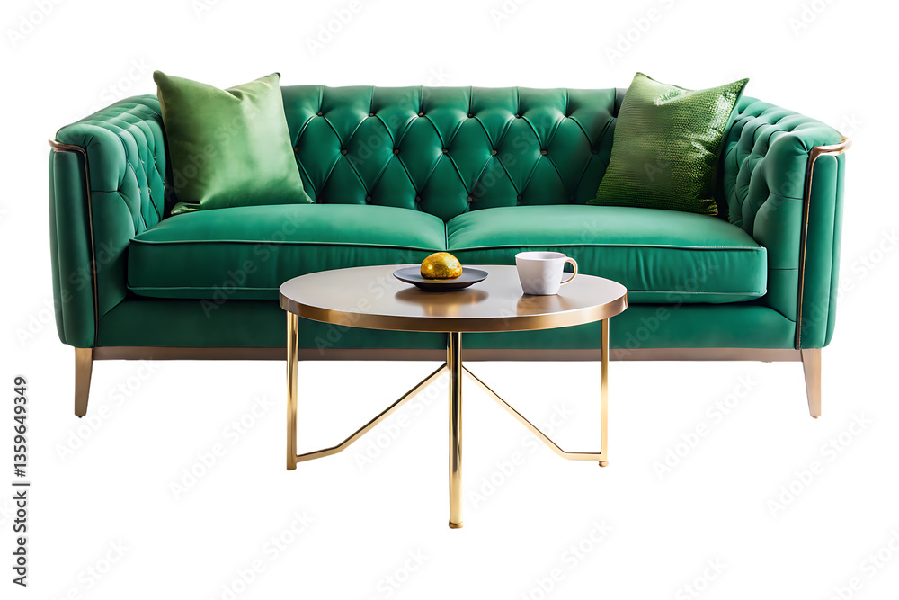 Fototapeta premium Modern green velvet sofa and armchair set in a comfortable indoor room with soft cushions and contemporary design on a transparent background