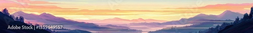 Layered cartoon mountains at sunrise in soft pastel tones with misty horizon, symbolizing peace and new beginnings. Perfect for banners, websites, and serene travel illustrations.