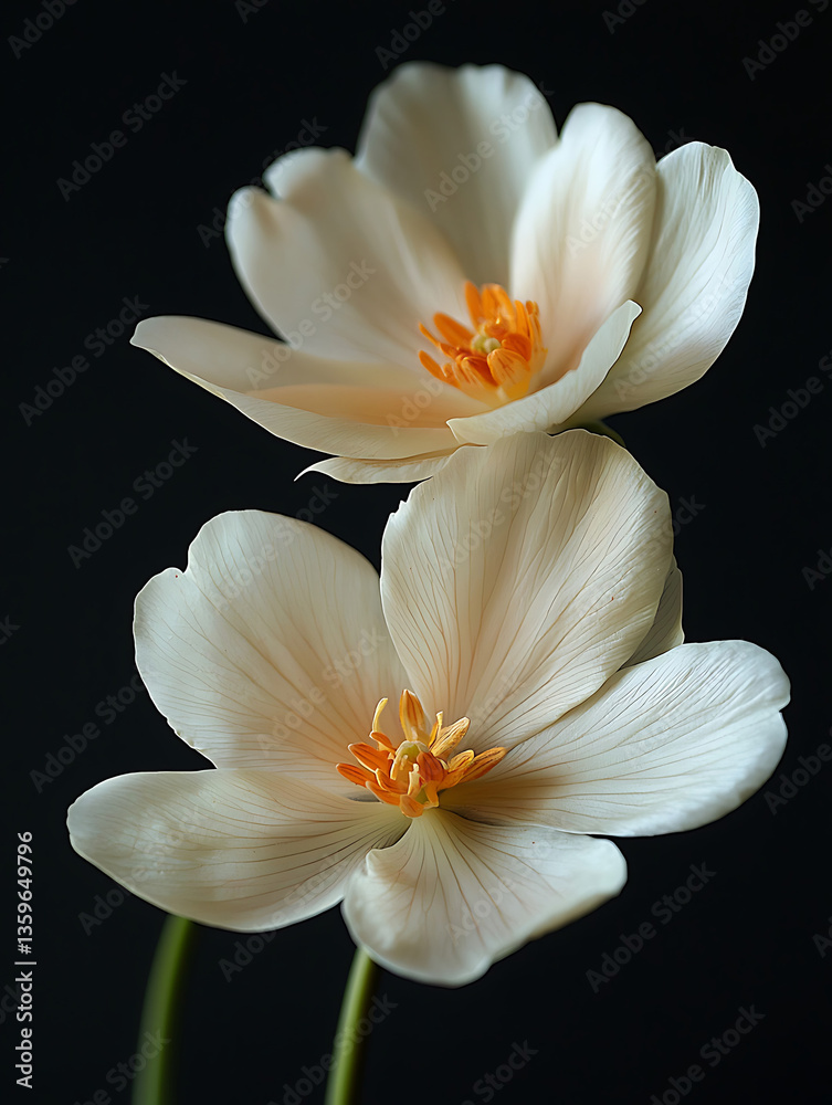 Fototapeta premium Two delicate creamy white blossoms with vibrant orange centers stand out against a deep dark background.