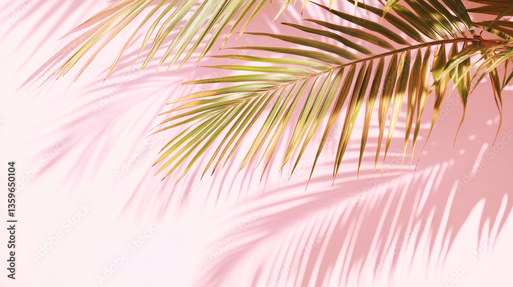 Fototapeta premium Tropical palm leaves and soft shadows on pastel backgrounds for summer, spa, travel, and botanical design themes