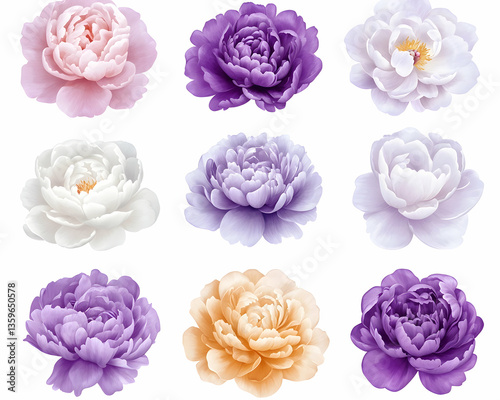 Nine vibrant peonies, various colors, white background, floral design