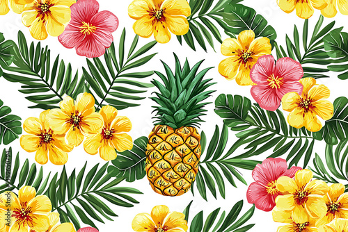 A vibrant pattern featuring a pineapple hibiscus-like flowers and palm leaves all rendered in a watercolor style against a white backdrop.