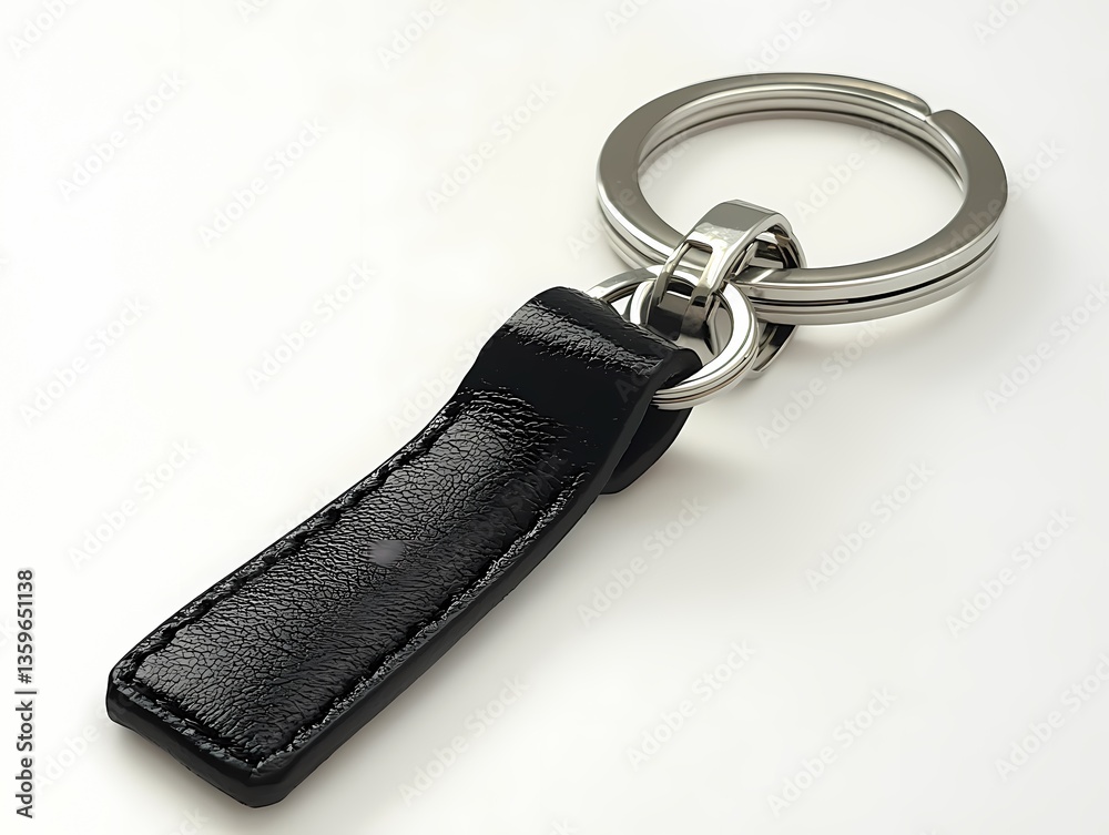 Classic black leather keychain with silver clasp on a white backdrop Classic black leather keychain with silver clasp on a white backdrop