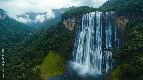 Majestic Aerial View of Massive Waterfall Surrounded by Lush Forests