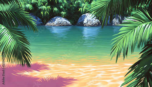 Tropical Beach Scene With Lush Vegetation And Calm Water