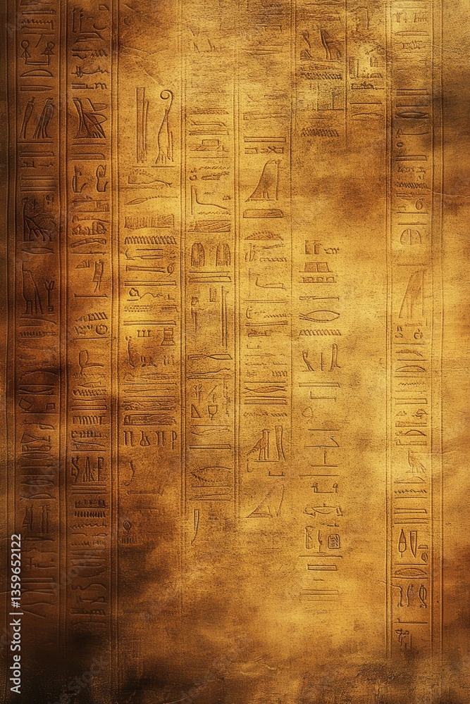 Fototapeta premium Abstract golden papyrus texture with subtle hieroglyphic patterns, ancient scroll aesthetics, and a soft aged effect.