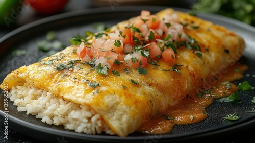 Savory, cheesy enchilada topped with vibrant salsa photo