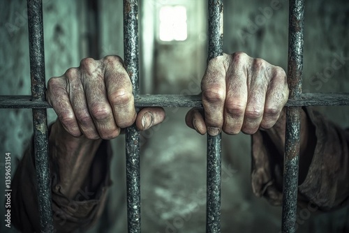 An inmate's weathered hands clutch rusted prison bars, symbolizing a dark side of justice, confinement, and yearning for freedom within the penitentiary.
