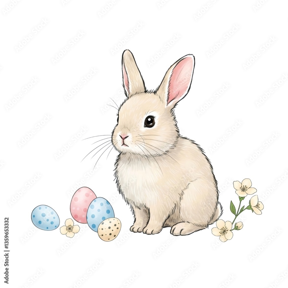 Fototapeta premium Cute easter bunny sitting near painted eggs and spring flowers