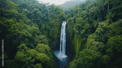 Majestic Waterfall Cascades Through Lush Green Tropical Forest Canopy Serenity