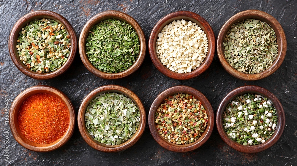 Variety of Dried Herbs and Spices in Wooden Bowls on Dark Background Variety of Dried Herbs and Spices in Wooden Bowls on Dark Background