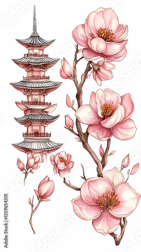 Pagoda and cherry blossoms; spring scene; Asian art; design element