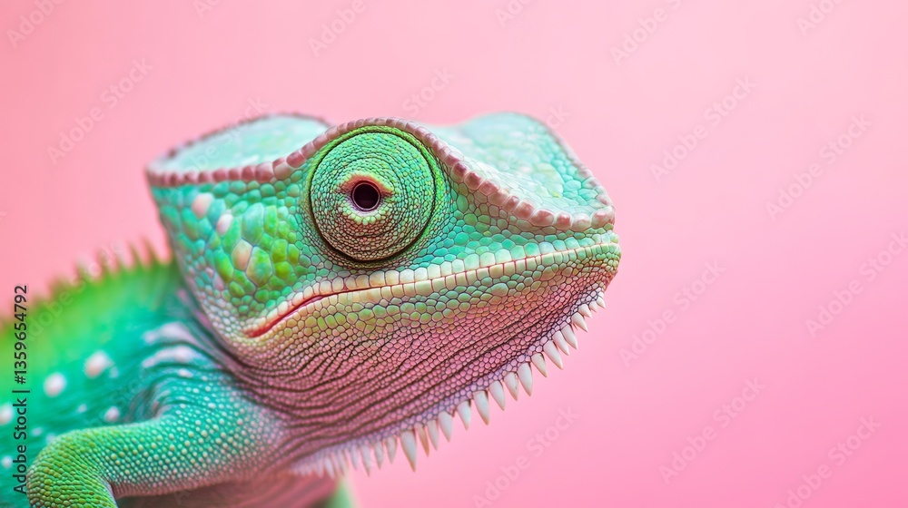 Obraz premium Close-up of a veiled chameleon holding a branch, showcasing its vibrant colors against a pink backdrop