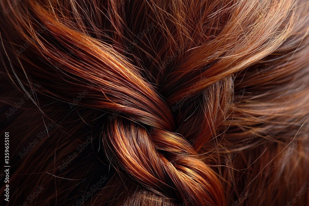 Naklejka premium A detailed close-up reveals the intricate beauty of auburn hair styled in a braid, highlighting texture, color depth, and elegant hair design. Hairdressing and style.