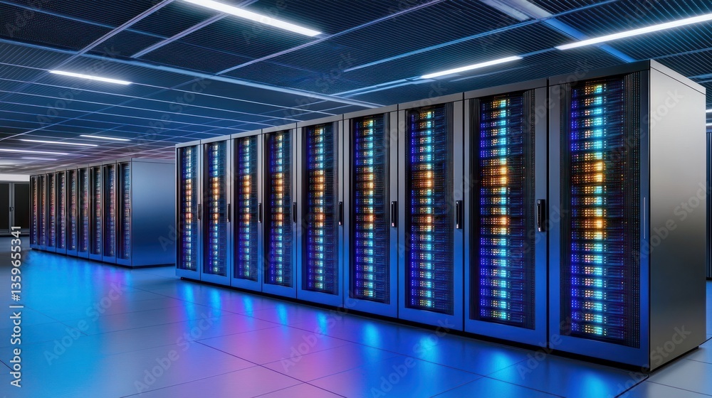 Inside a Modern Data Center: Rows of Servers and Powerful Computing Infrastructure Inside a Modern Data Center: Rows of Servers and Powerful Computing Infrastructure