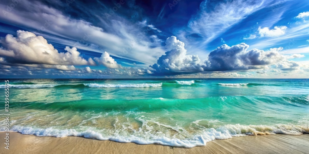 Fototapeta premium Dramatic sky over a surreal turquoise ocean: breathtaking seascape photography with copy space.