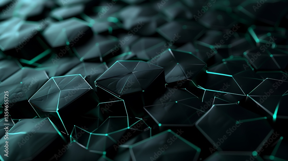 Fototapeta premium A bold and dynamic 3D abstract art piece featuring interlocking angular polygons, sharp crystalline structures in deep black and glowing cyan tones, high contrast lighting