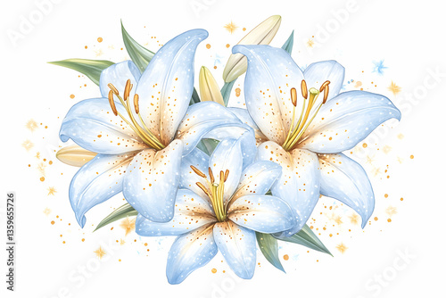 Pastel blue lilies bouquet, sparkling background, wedding invitation design