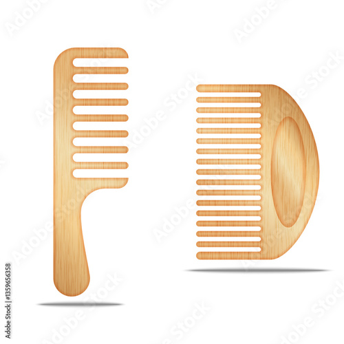 Set of wooden combs with fine and wide teeth isolated on white background, natural hair care accessories, eco-friendly grooming tools, handcrafted hairbrushes, anti-static styling products.