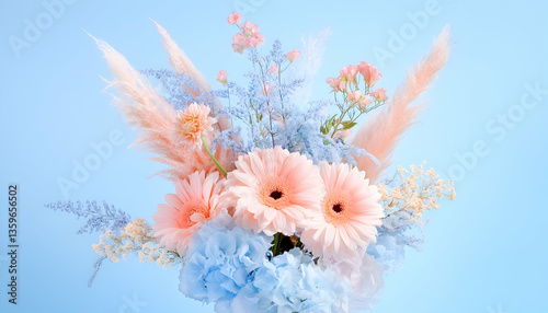 Pastel Floral Arrangement Against Blue