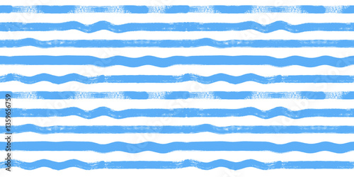 Wave stripes seamless pattern. Hand drawn wavy beach vector print, grunge paint lines with waves, blue watercolor background