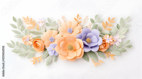 Pastel paper flowers arrangement, flatlay, white background, wedding invitation design