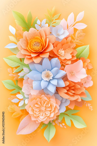 Pastel paper flowers bouquet, spring arrangement, yellow background, crafting