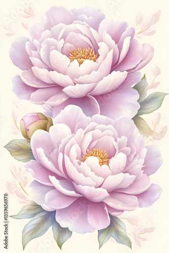 Pastel peonies blooming, elegant floral arrangement, soft background, greeting card design