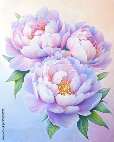 Pastel peonies bouquet, soft background, floral art, greeting card
