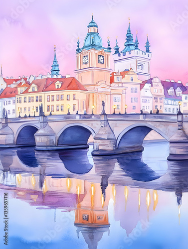 Pastel Prague Bridge Sunset Reflection Travel Poster