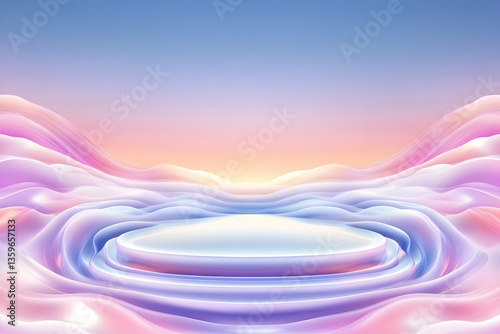 Pastel product display platform, scenic background, soft lighting, ideal for advertising