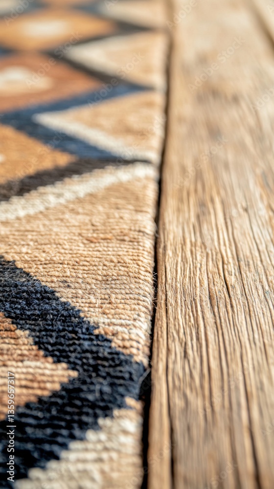 Fototapeta premium Woven Textile with Geometric Pattern and Weathered Wood