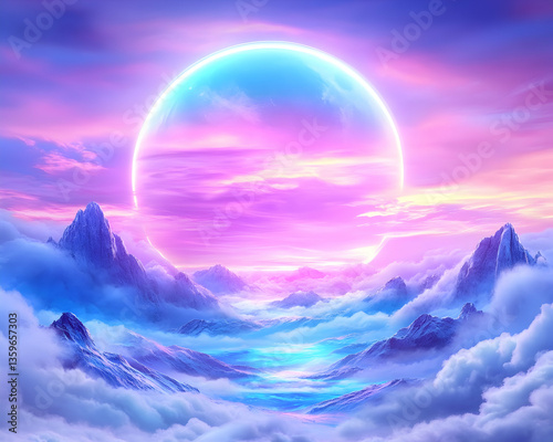 Pastel sunset over dreamy mountains; fantasy landscape