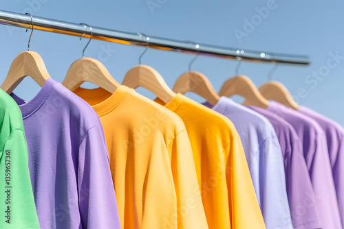 Pastel t-shirts on display outdoors, bright sky