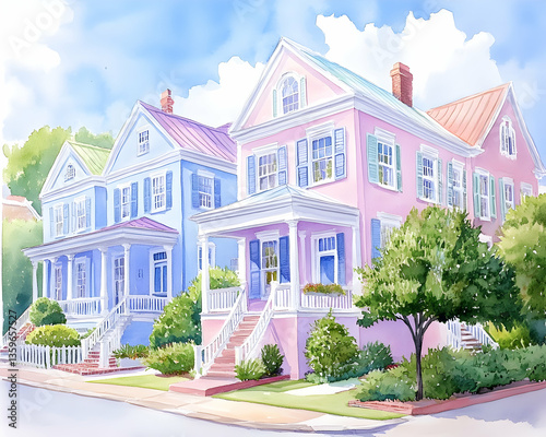 Pastel-Colored Houses on a Sunny Street