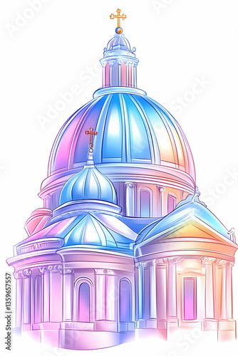 Pastel-hued cathedral dome, clear sky, religious architecture illustration, website design