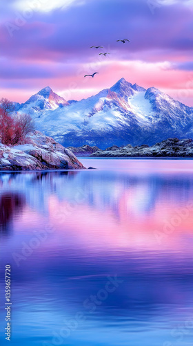 Peaceful sunrise over snowy mountains, calm lake reflection