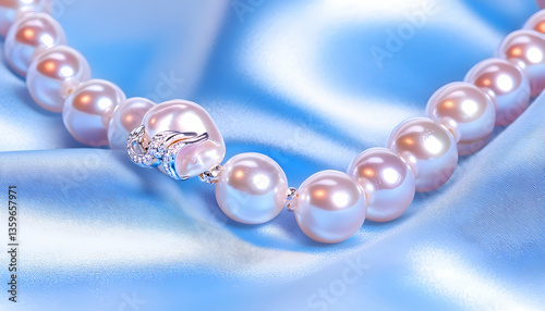 Pearl Necklace on Light Blue Satin